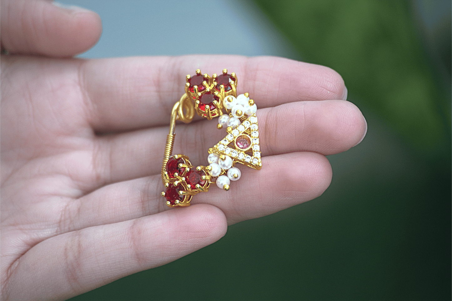 Nath Laxmi Vara – Ruby Cluster & Pearl Designer Maharashtrian Nath