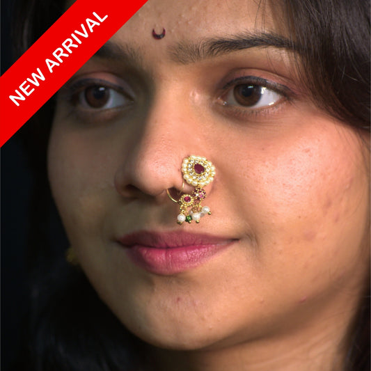 Nath Radhika Devi
Amethyst stone nath
Pearl drop Maharashtrian nath
Traditional gold nath
Festive nose ring design
Designer pearl nath
Ethnic Maharashtrian jewelry
Vintage style bridal nath
