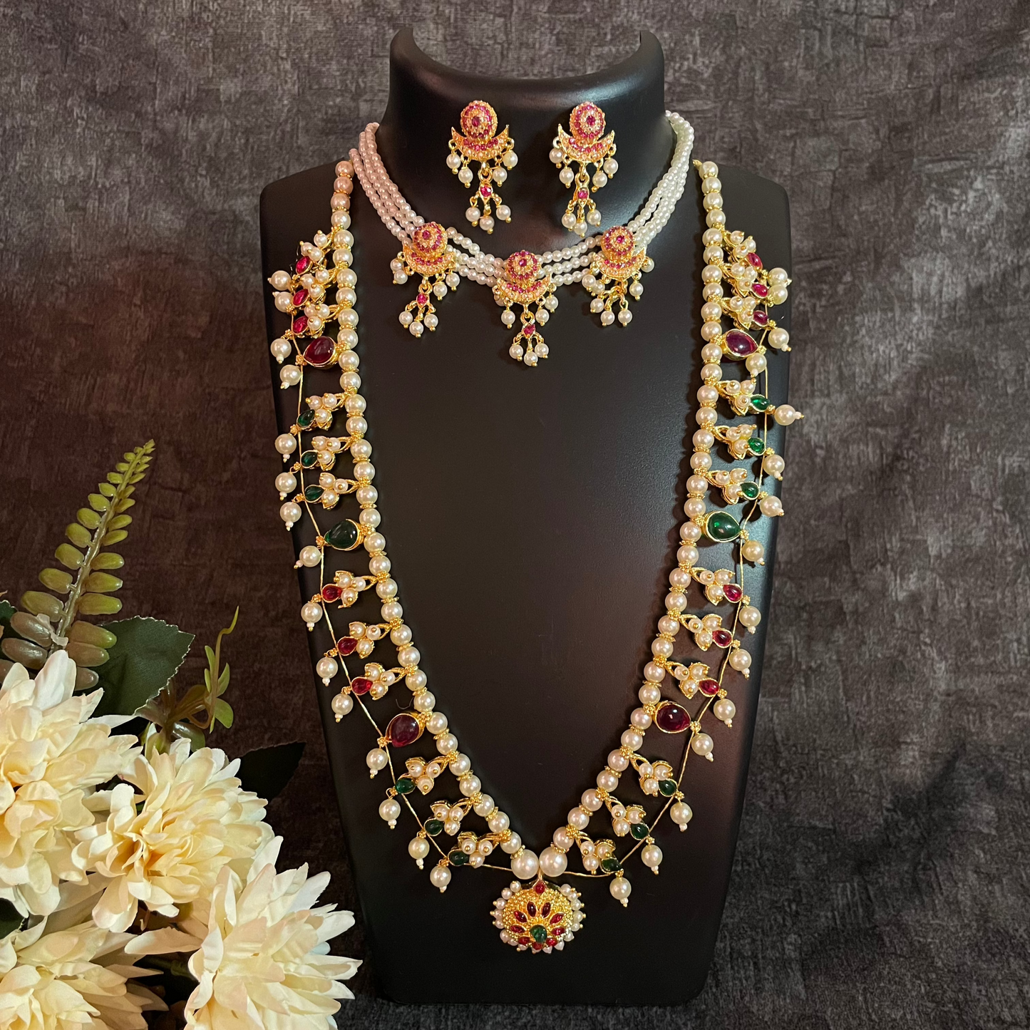 Regal Pearl & Stone-Studded Artificial Necklace Set