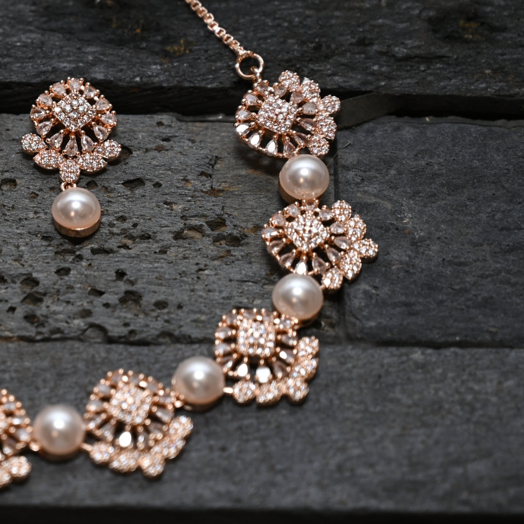 Pearl rose gold AD  Necklace
