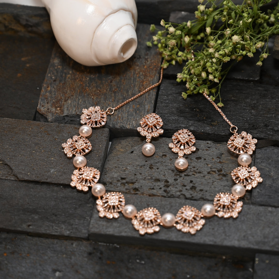 Pearl rose gold AD  Necklace